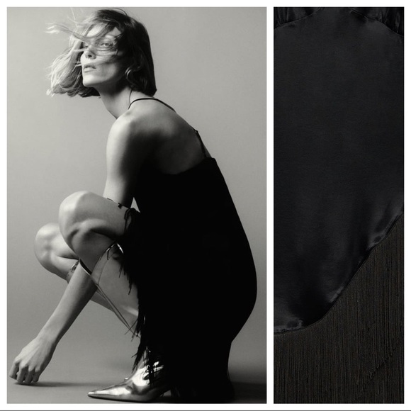 NWT. Zara Black Fringed Slip Casual Mini Dress. Size L. - Picture 4 of 10